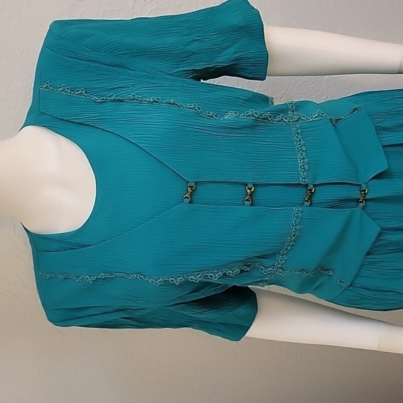 VTG LADY DORBY 1980s Teal Tie Back Broomstick 2Fer Land Girl Power Dress - Picture 5 of 10